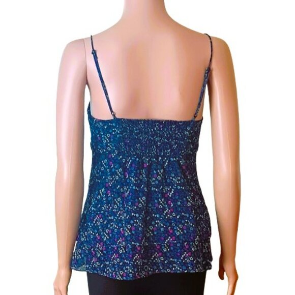American Eagle Sheer Layered Top XS Blue Floral Lined Shirred Back Tank - Picture 2 of 9